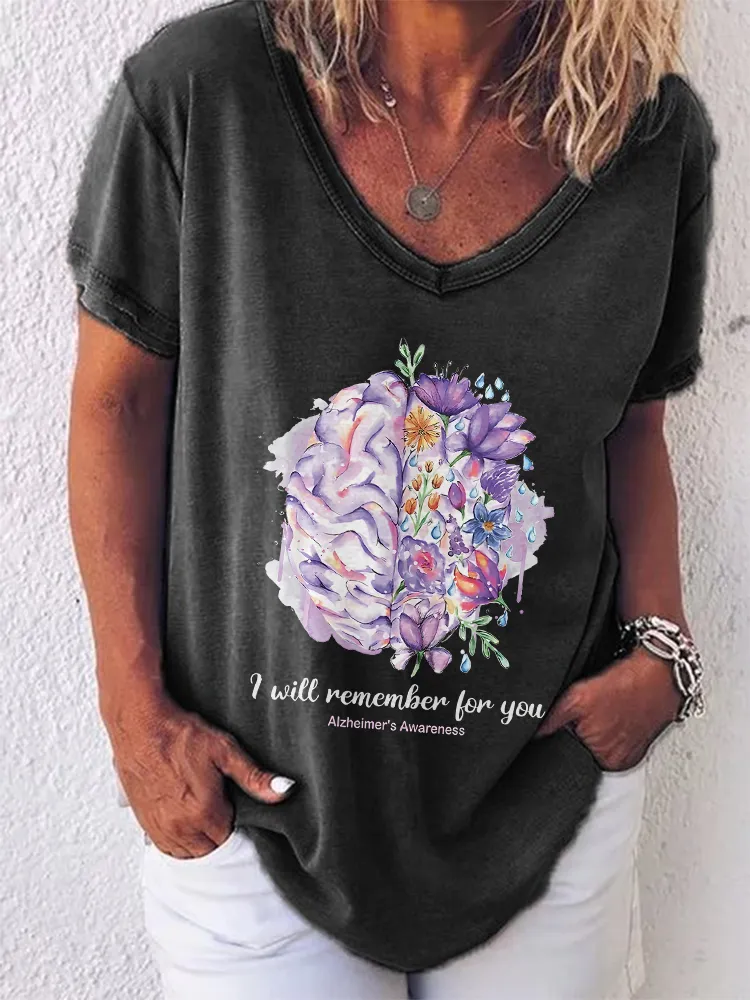 Women'S V-Neck Short-Sleeved T-Shirt I Will Remember For You Alzheimer'S Awareness Prints