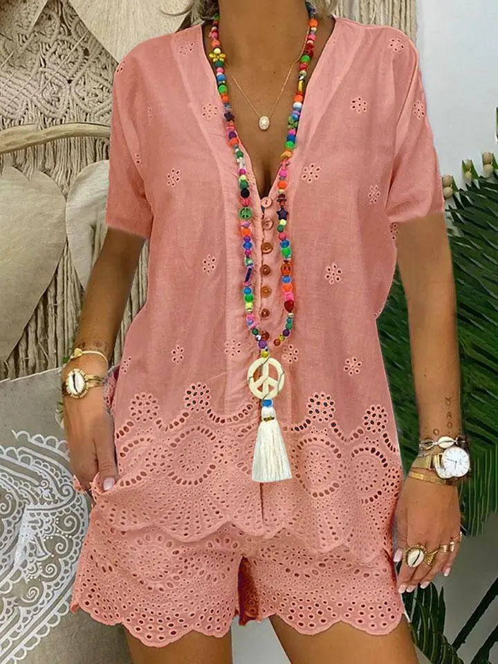 Fashionable Solid Color Hollow Short Sleeve Casual Suit