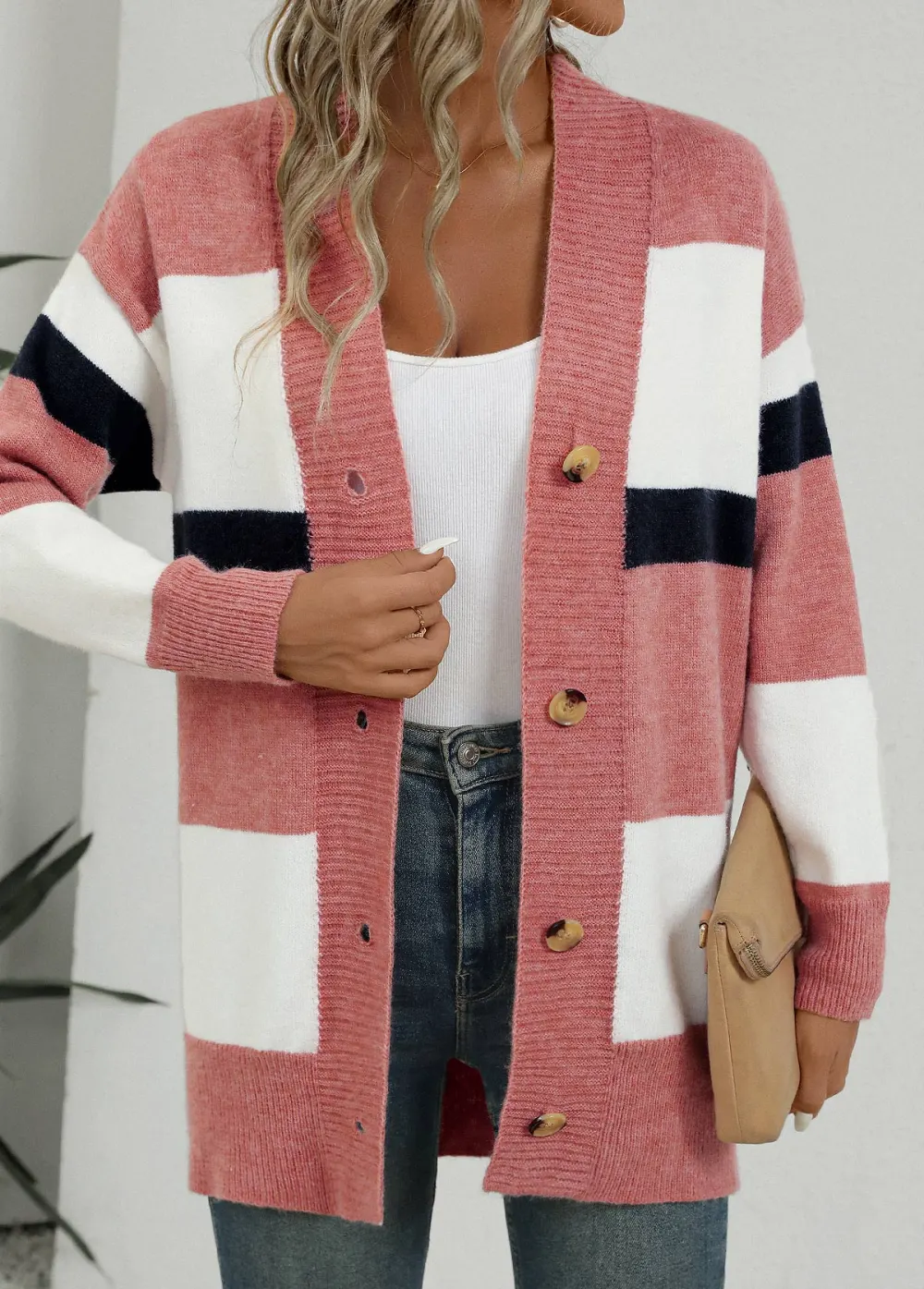 Pink Button Striped Long Sleeve Cardigan