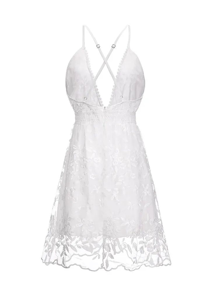 No Tears Here Lace Embroidered V-Neck White Dress