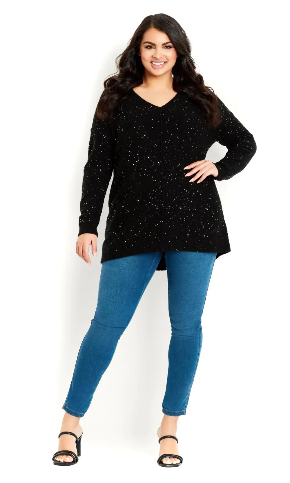 Evans Black & Silver Sequin V-Neck Knit Jumper