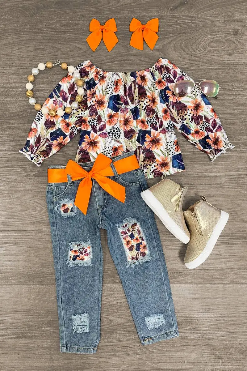Garden Floral Distressed Denim Pant Set