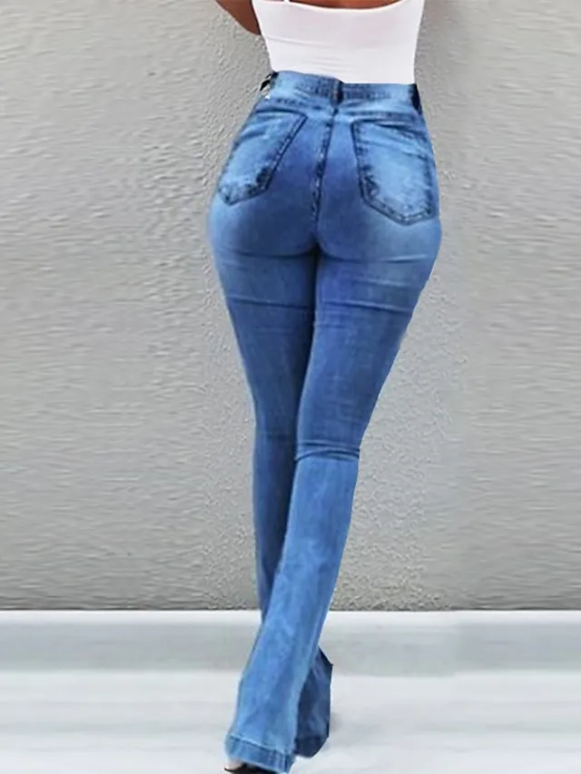Women‘s Flare Jeans Pants Trousers Full Length Denim Split High Elasticity High Waist Fashion Casual Office Vacation Light Blue bule S M Autumn / Fall
