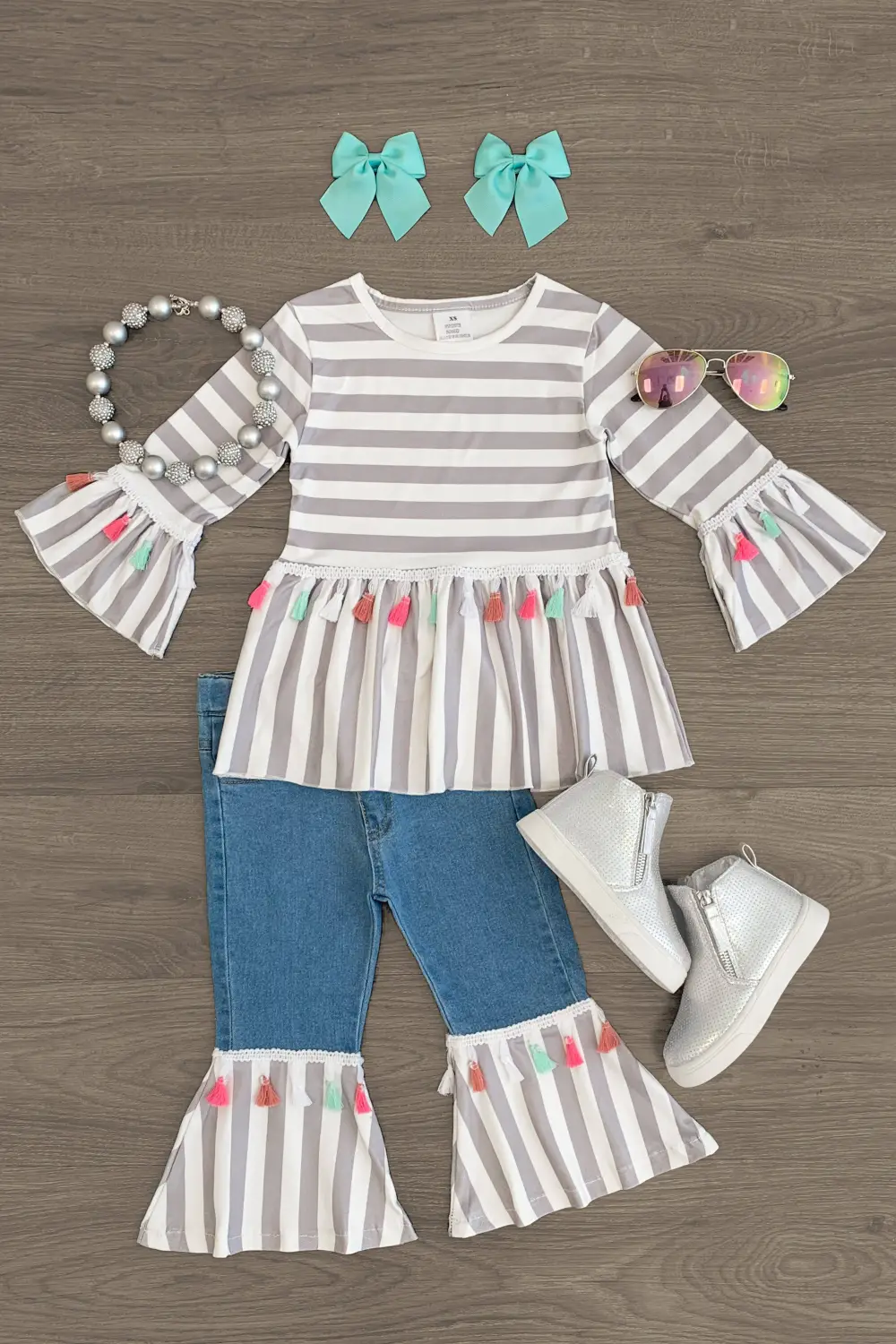 Gray Stripe Tassel Denim Pant Set