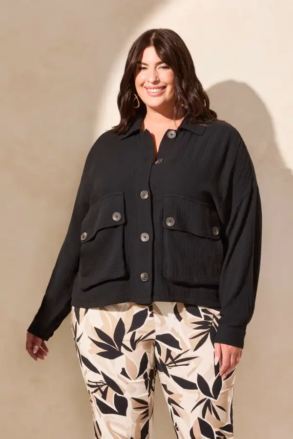 Cotton Gauze Button-Up Jacket-Black