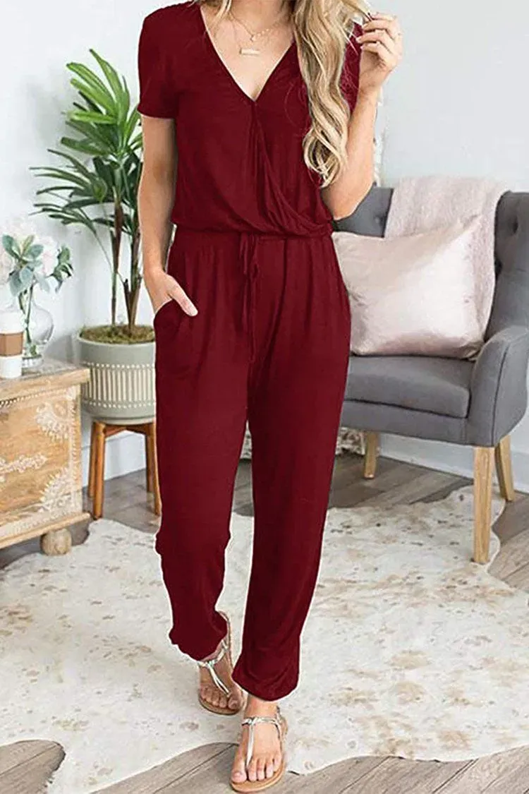 Deep V Neck Wrap Drawstring Waist Jumpsuit