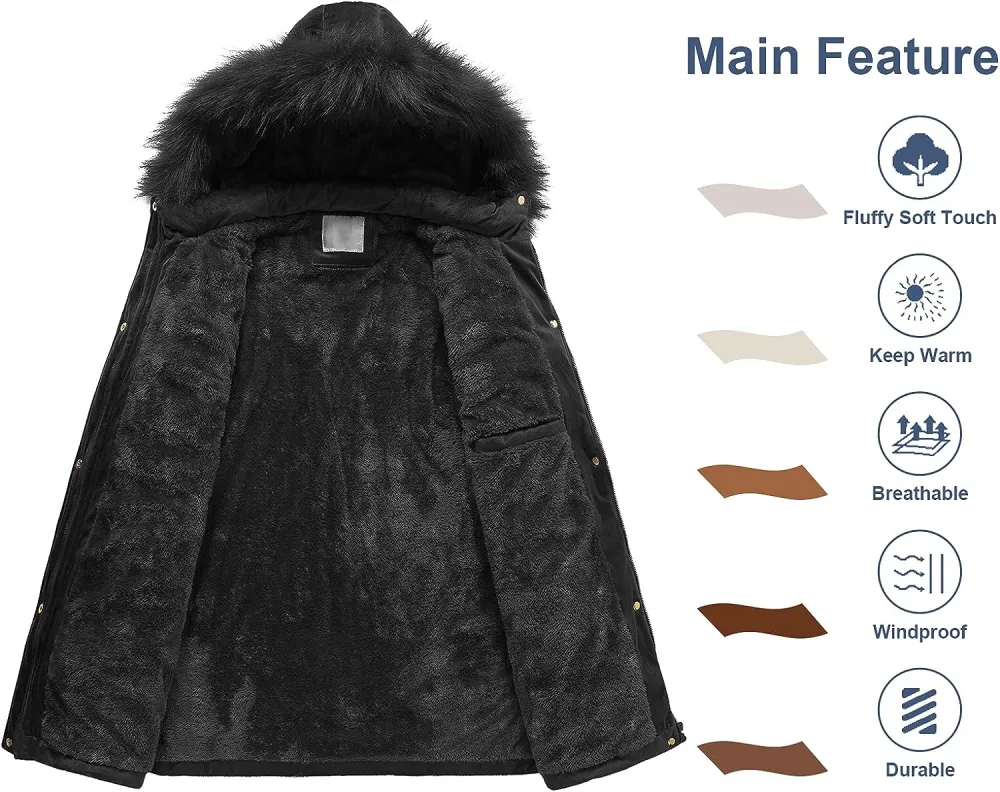 Women's Warm Winter Coat Velvet Puffer Jacket Quilted Faux Fur Hood