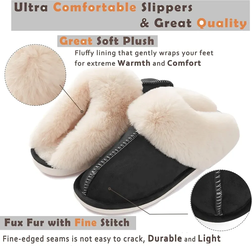 Womens Slipper with Memory Foam Fluffy Soft Warm Slip On House Slippers Anti-Skid Cozy Plush for Indoor Outdoor
