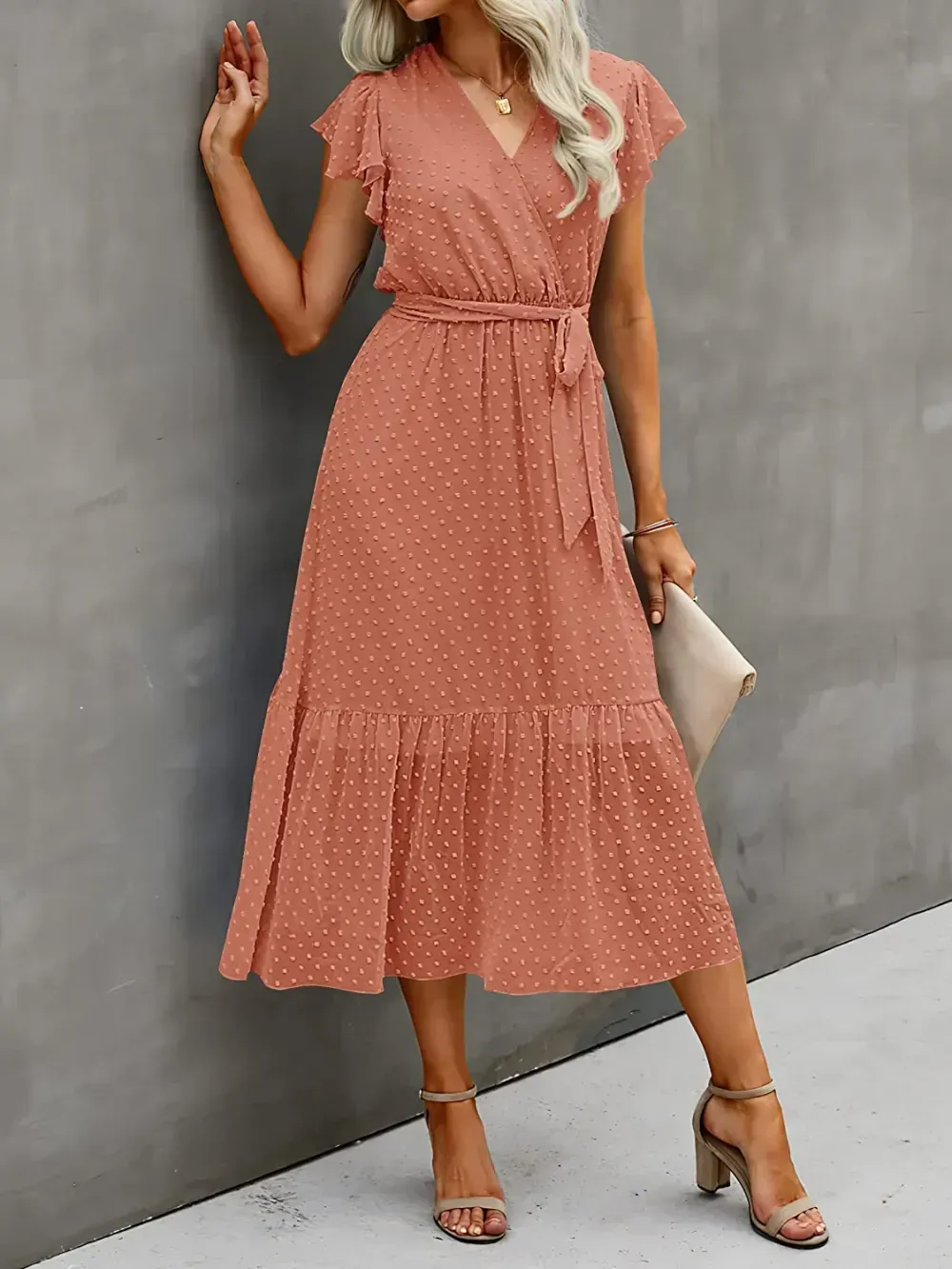 Women Summer Bohemian Floral Casual Wrap V Neck Ruffle Cap Sleeveless Belt A-Line Pleated Hem Swing Midi Sun Dress
