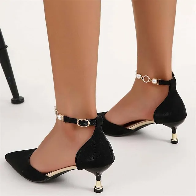 Women's Heels Sandals Heel Sandals Plus Size Ankle Strap Sandals Daily Club Summer Rhinestone Imitation Pearl Stiletto Heel Pointed Toe Elegant Sexy Satin Ankle Strap Solid Color Matte Black Black Red