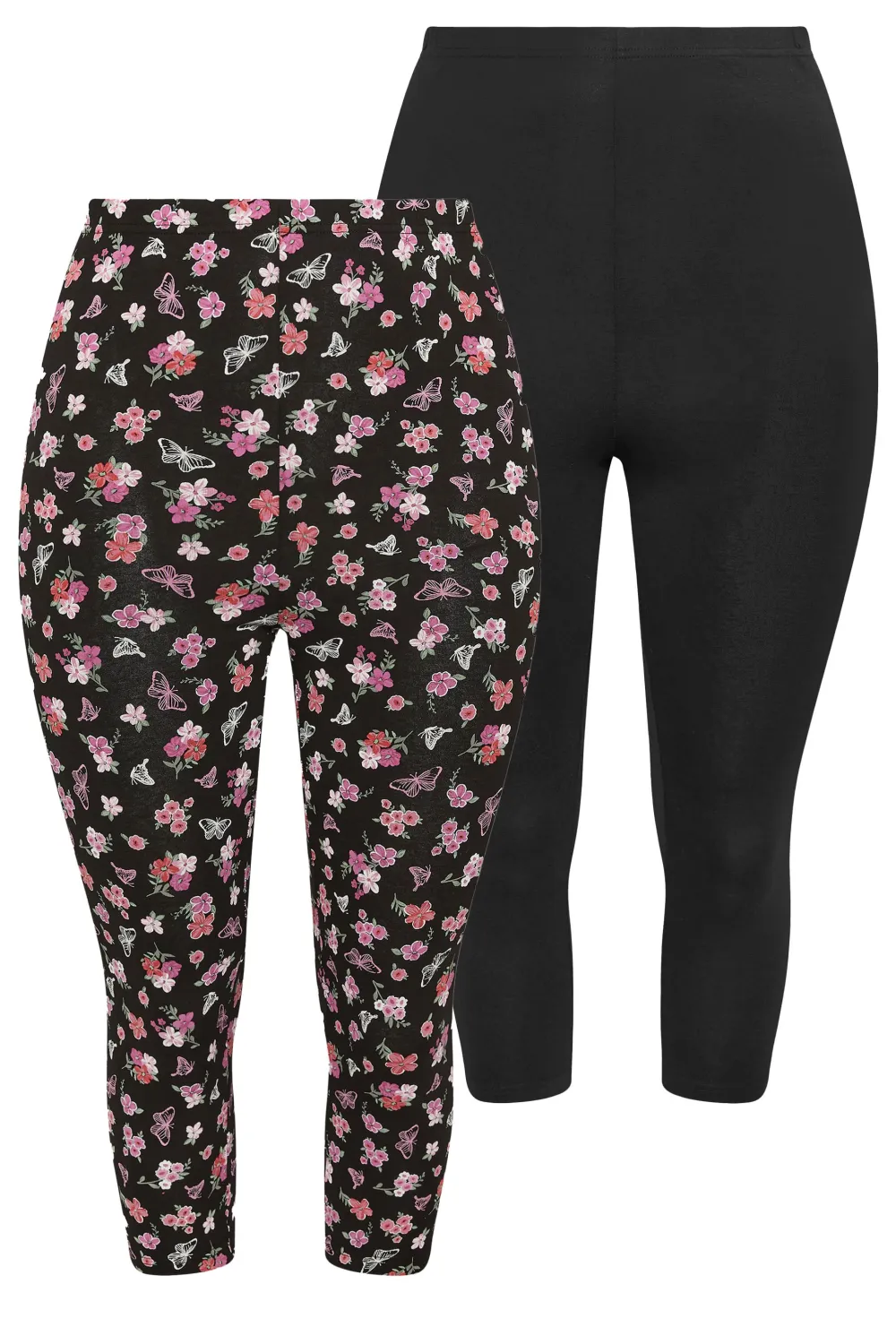 YOURS Curve 2 PACK Black & White Ditsy Floral Print Cropped Leggings
