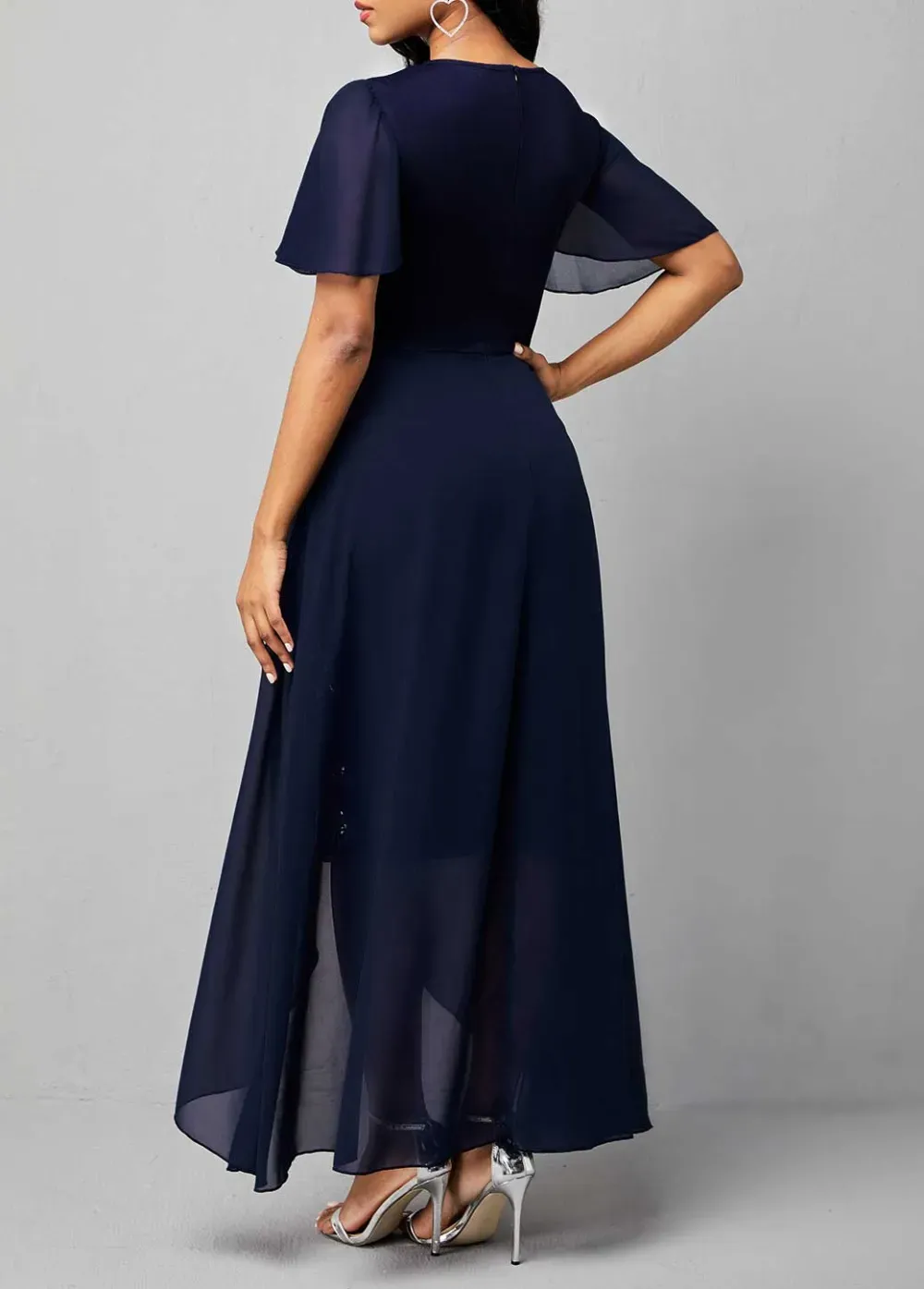 Sequined chiffon embroidered crew neck dress