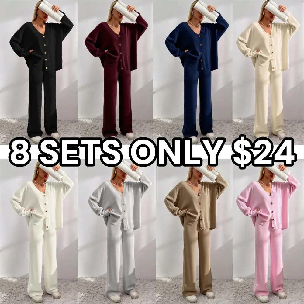 Women's  V Neck Cardigan & Elastic Waist Wide Leg Pants Two-piece Set