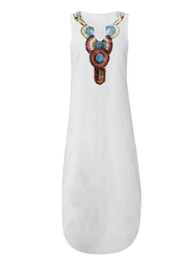 Women's Casual Dress Shift Dress White Dress Long Dress Maxi Dress Polyester Hot Casual Holiday Vacation Beach V Neck Split Print Sleeveless Summer Spring Fall 2023 Regular Fit White Yellow Wine