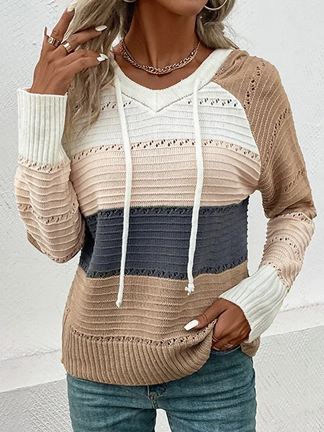 Women's Pullover Sweater Jumper V Neck Knit Hooded Spring Fall Daily Casual Soft Long Sleeve Color Block Apricot