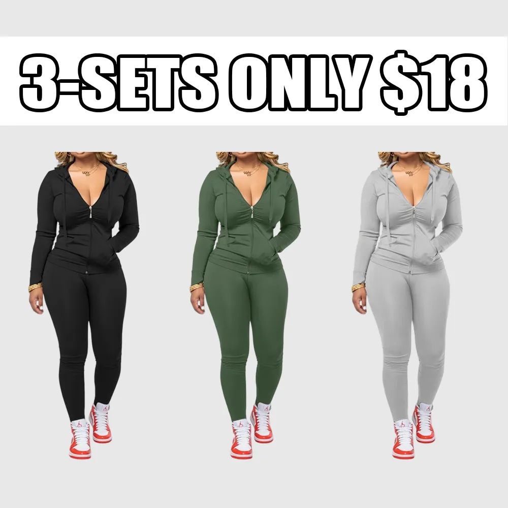 Women's Fall 2-Piece Set: Zipper Hoodie & Skinny Pants (Pocket Design)