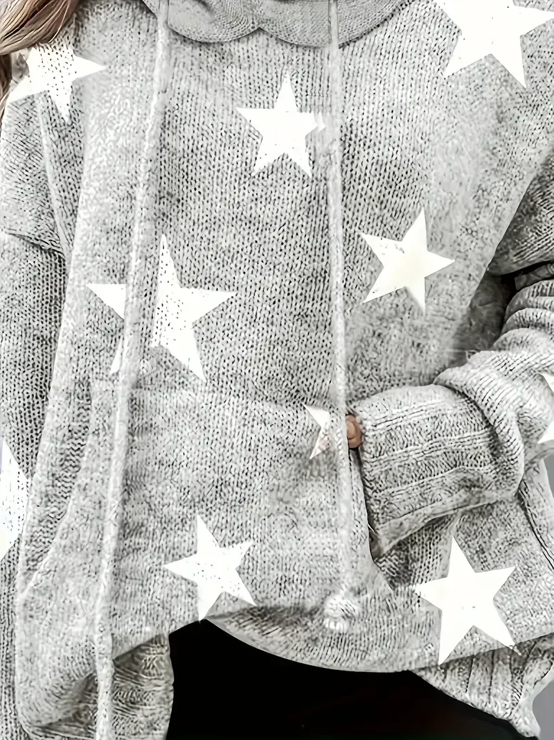 Plus Size Casual Sweater, Women's Plus Star Print Long Sleeve Drawstring Hoodie Sweater With Pockets