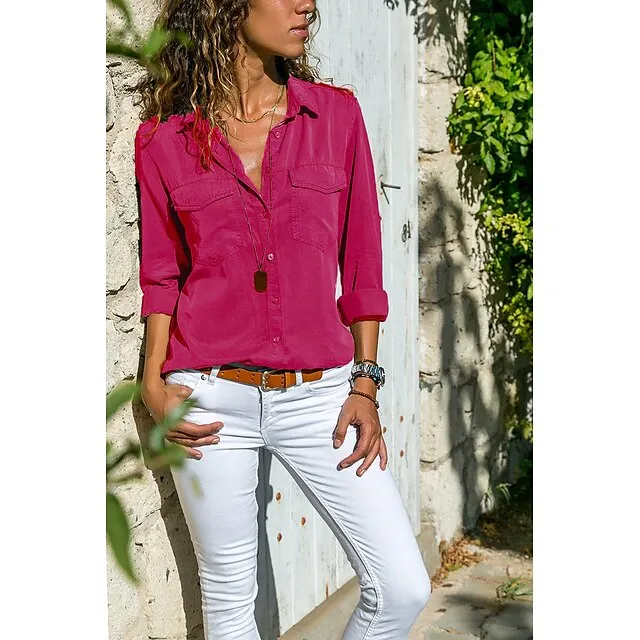 Women's Shirt Blouse Pocket Lapel Collor Long Sleeve Women‘s Clothing Solid Color Daily Basic