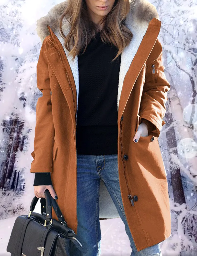 Colorblock Hooded Fur Collar Coat