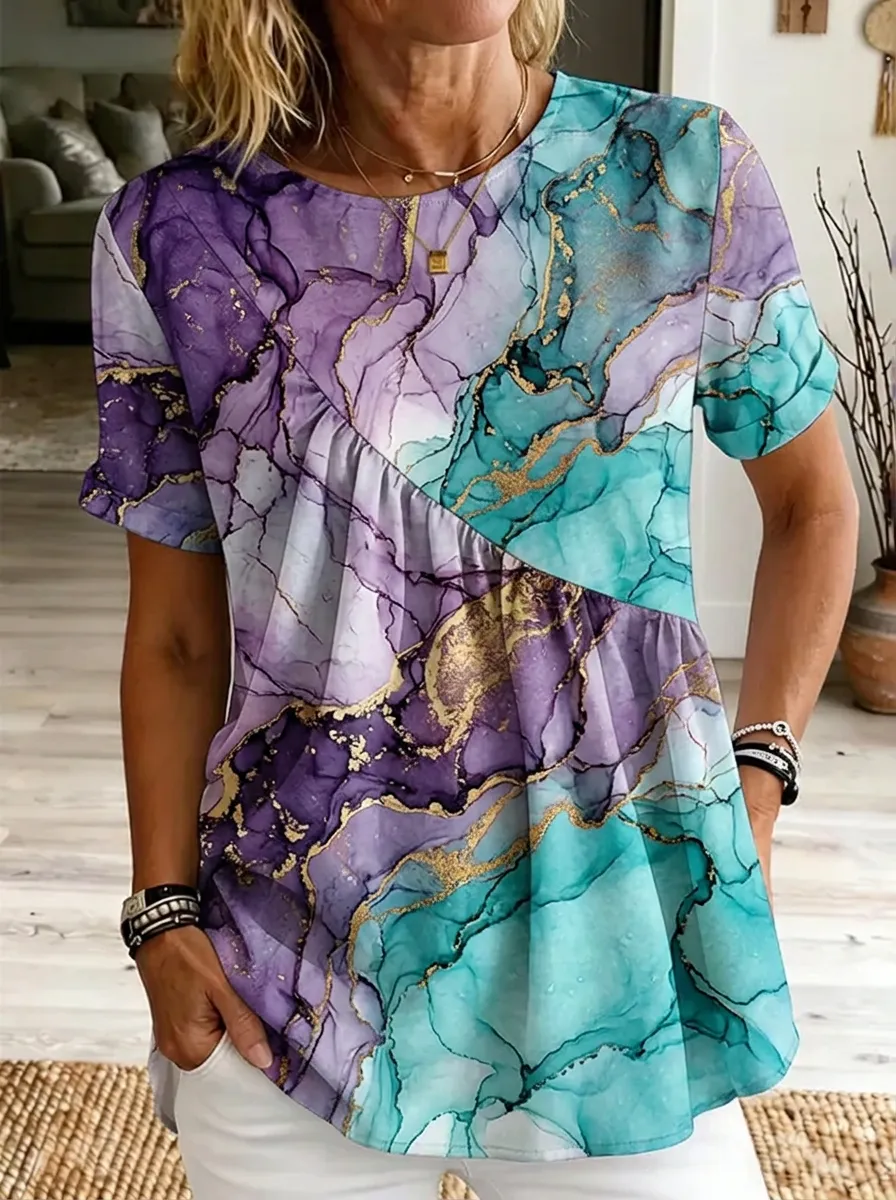 Women's Nashville Theme Purple Teal Marble Gold Printed T-shirt