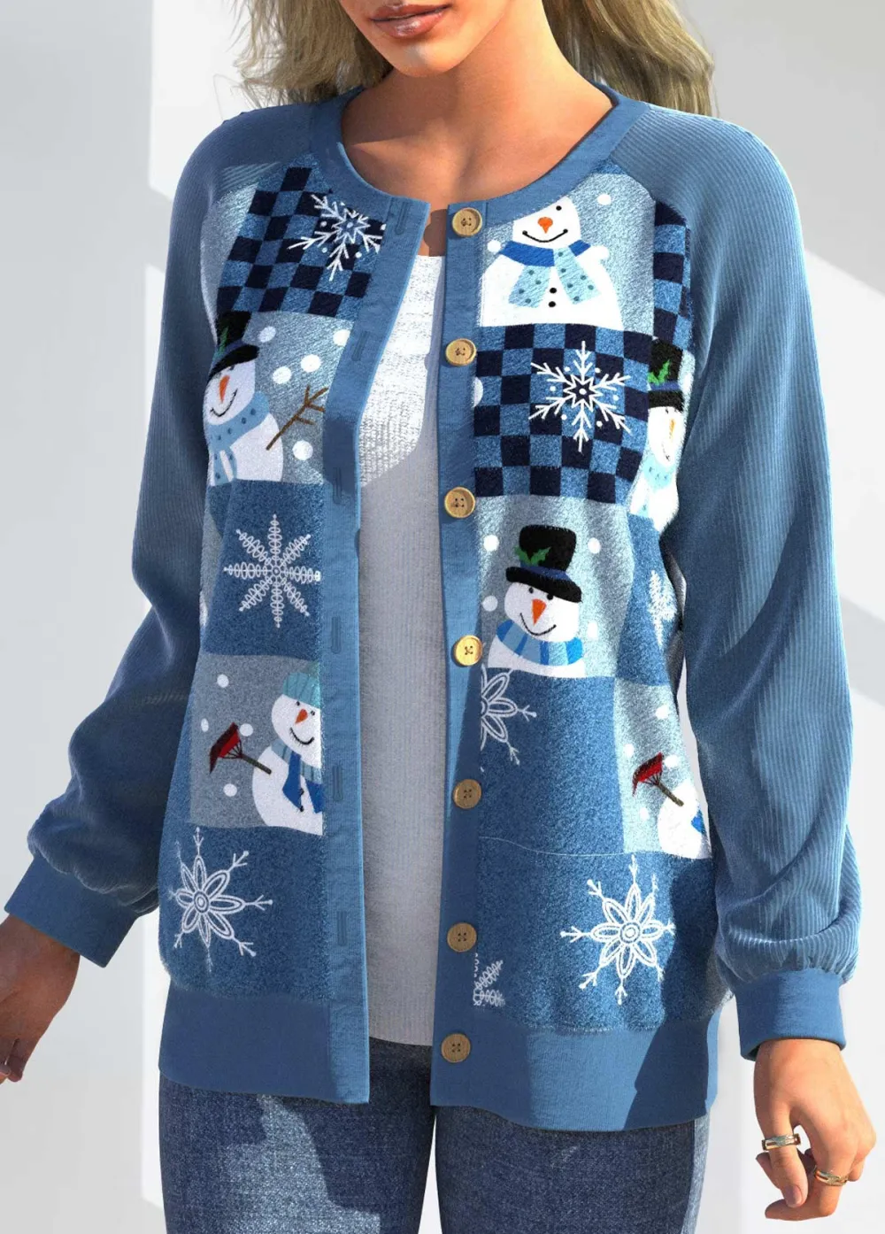 Blue Patchwork Christmas Print Long Sleeve Cardigan