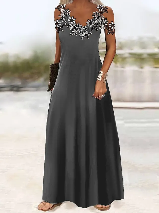 Women's Casual Dress Black Dress A Line Dress Long Dress Maxi Dress Polyester Fashion Casual Outdoor Daily Going out Strap Lace Patchwork Sleeveless Summer Spring 2023 Regular Fit Black White Green