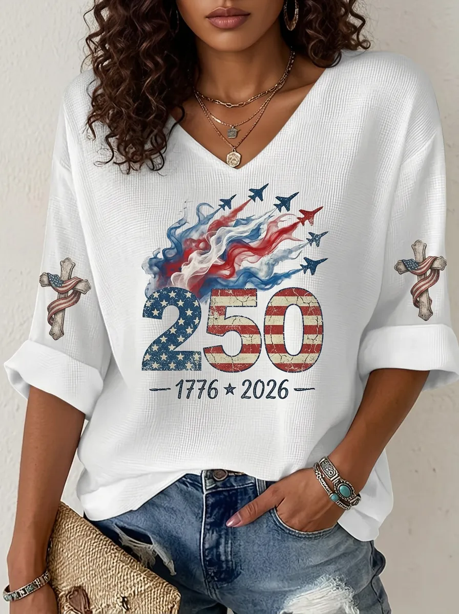 Women's USA 250th Anniversary Jet Cross Printed V-neck Top