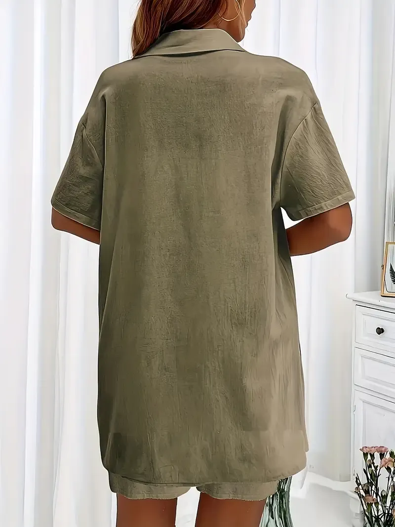 Women's Shirt and Shorts Solid Color Pocket Tie Simple Fashion Two-piece Set