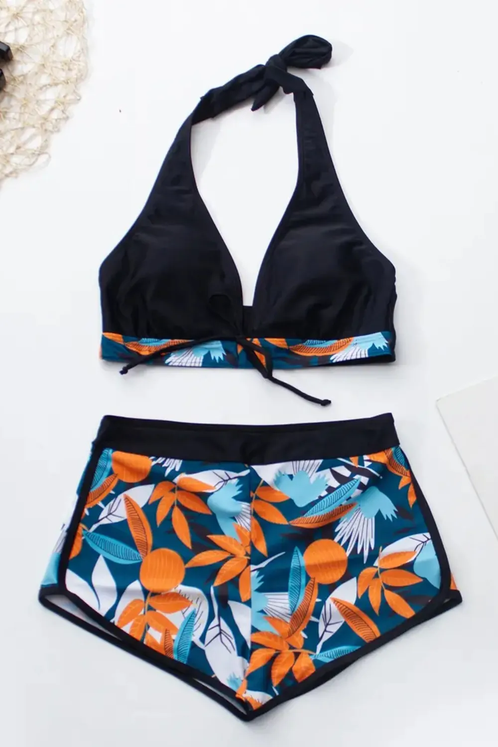 Floral Print Deep V Shape Halter Bikini Boxer Swimsuit