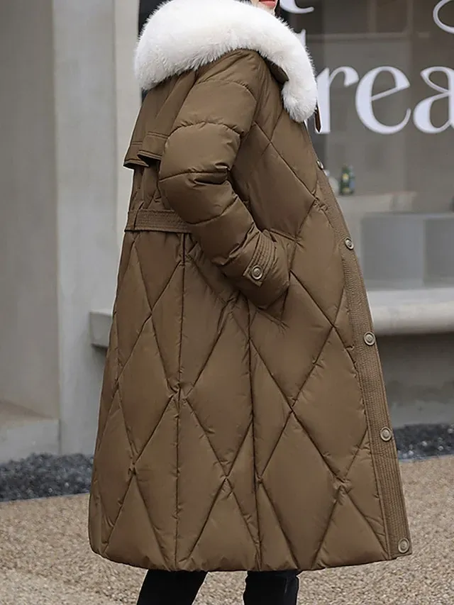 Women's Parka Warm Long Puffer Jacket Zipper with Fur Collar Hood Winter Outdoor Street Daily Wear with Pocket Vacation Modern Casual Plain Regular Fit Outerwear Long Sleeve Fall Black White Khaki