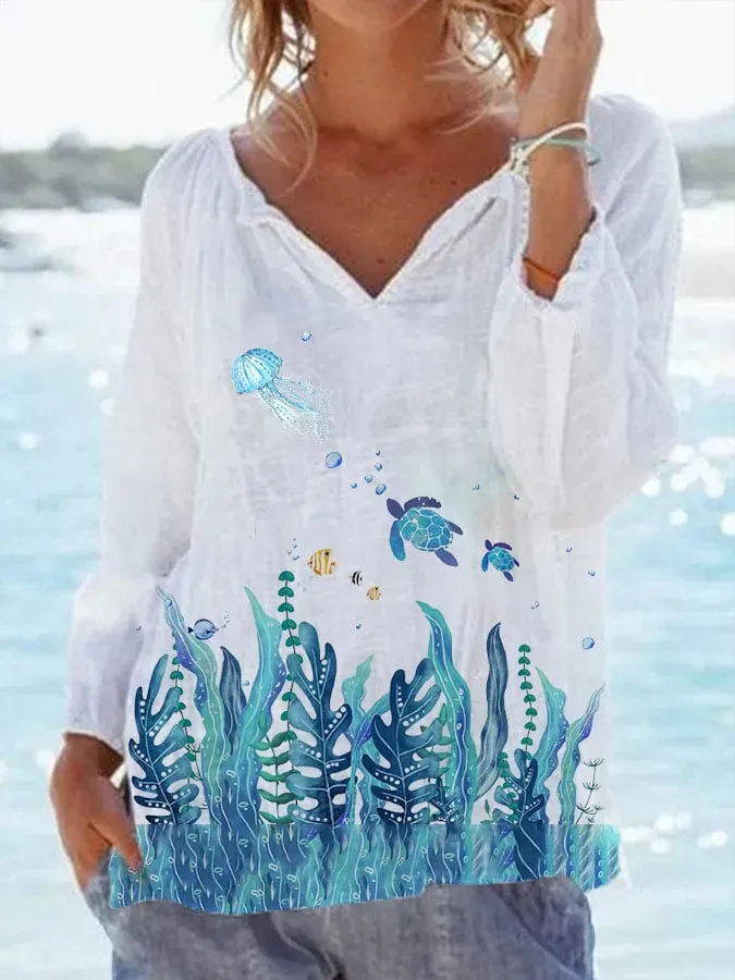 Women'S Sea Turtle Solid Color Long Sleeve V Neck Casual Shirt