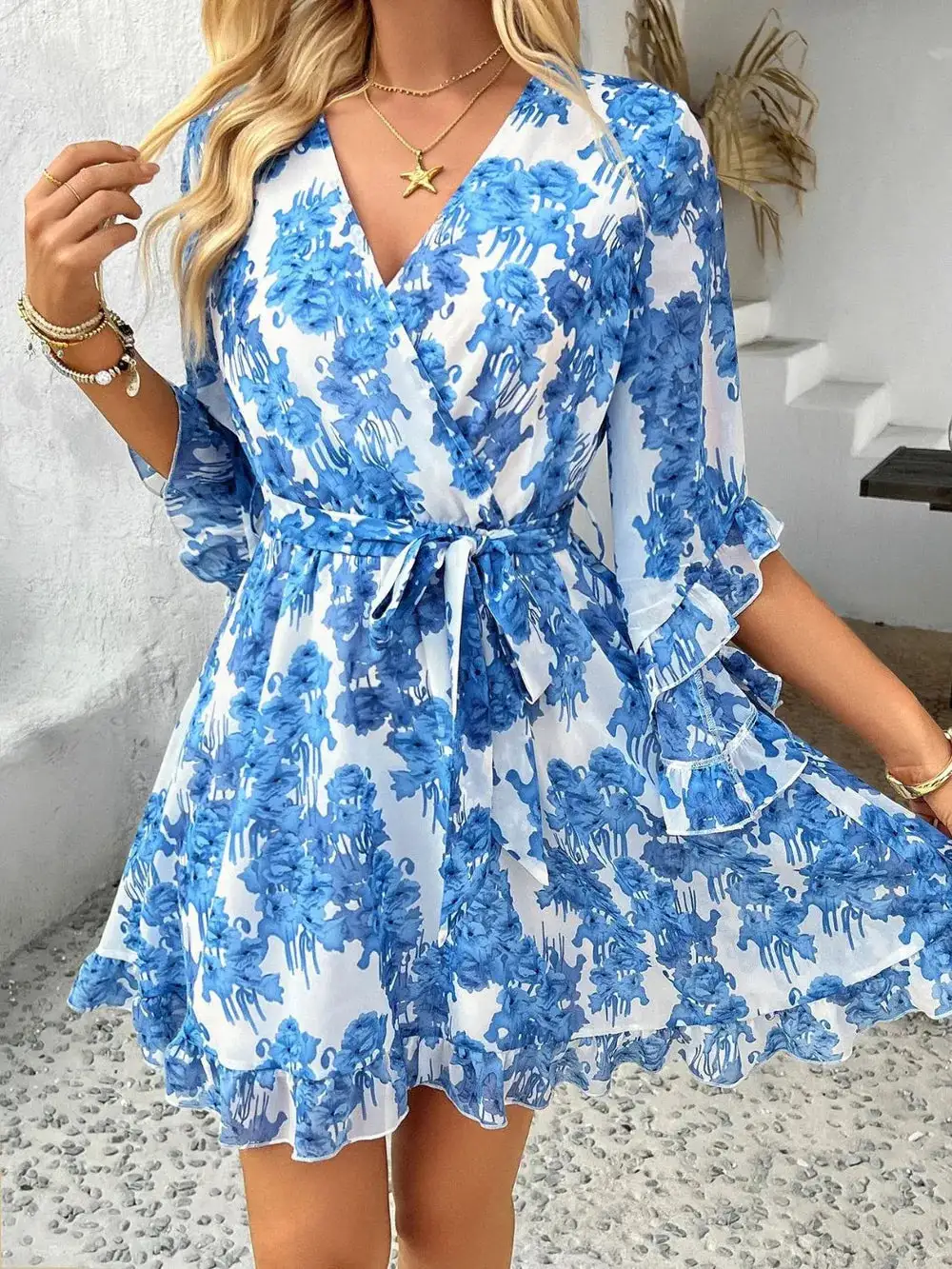 Relaxed Surplice Neck Ruffle Trim Dress