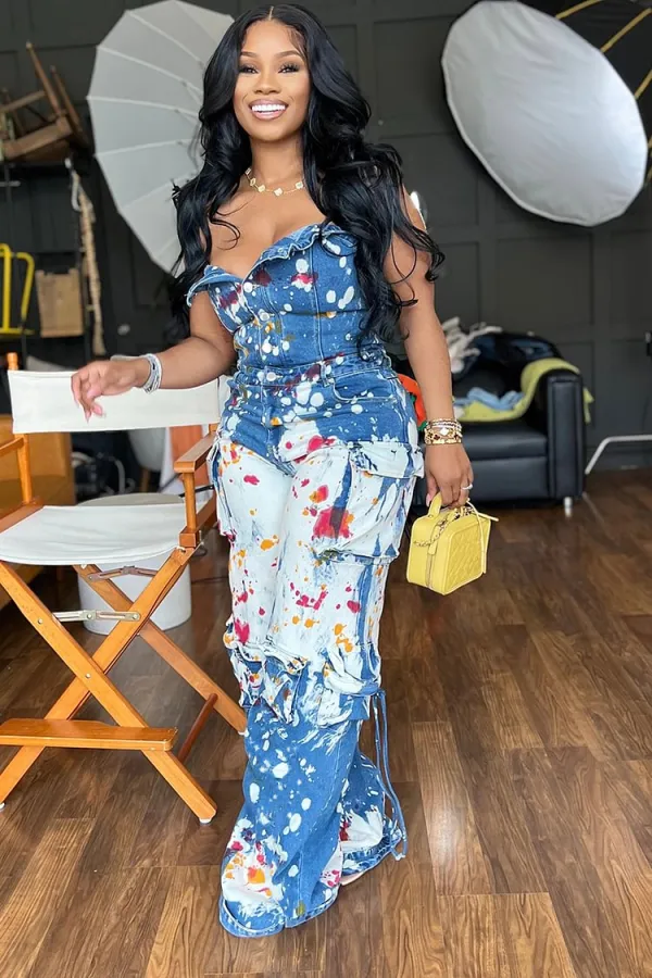 Denim Strapless Splash Ink Print Straight Leg Cargo Jumpsuit-Blue
