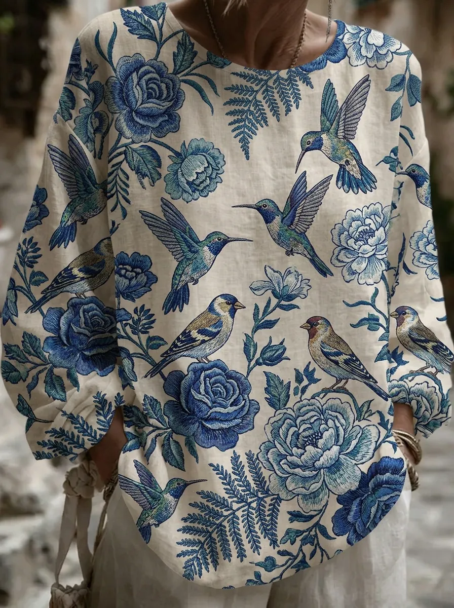 Women's Nashville Nature Hummingbird Floral Printed Top