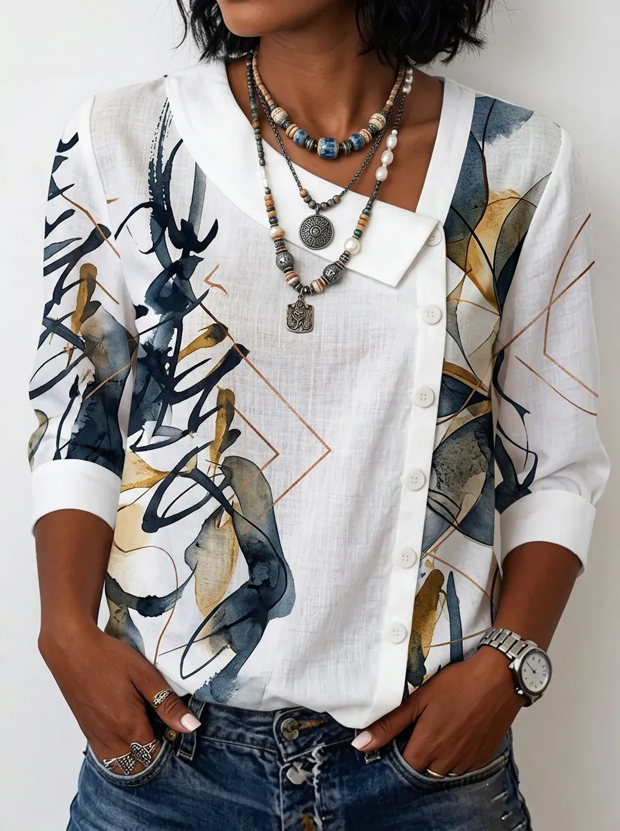 Women's Nashville Abstract Geometric Printed Asymmetric Button Top