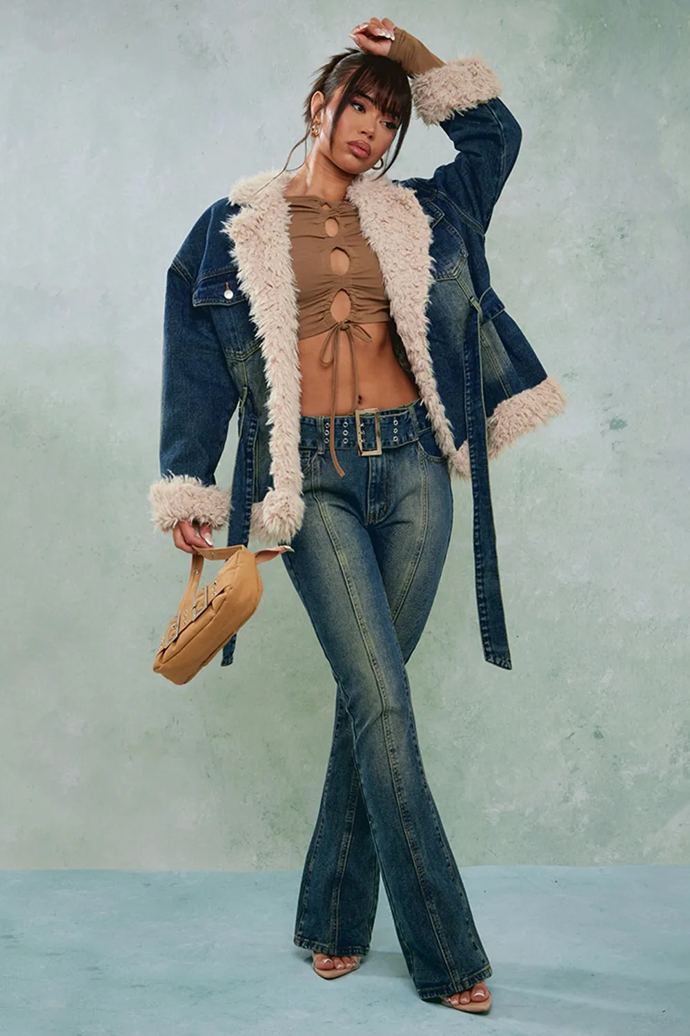 Indigo Vintage Wash Belted Seam Front Flare Jeans