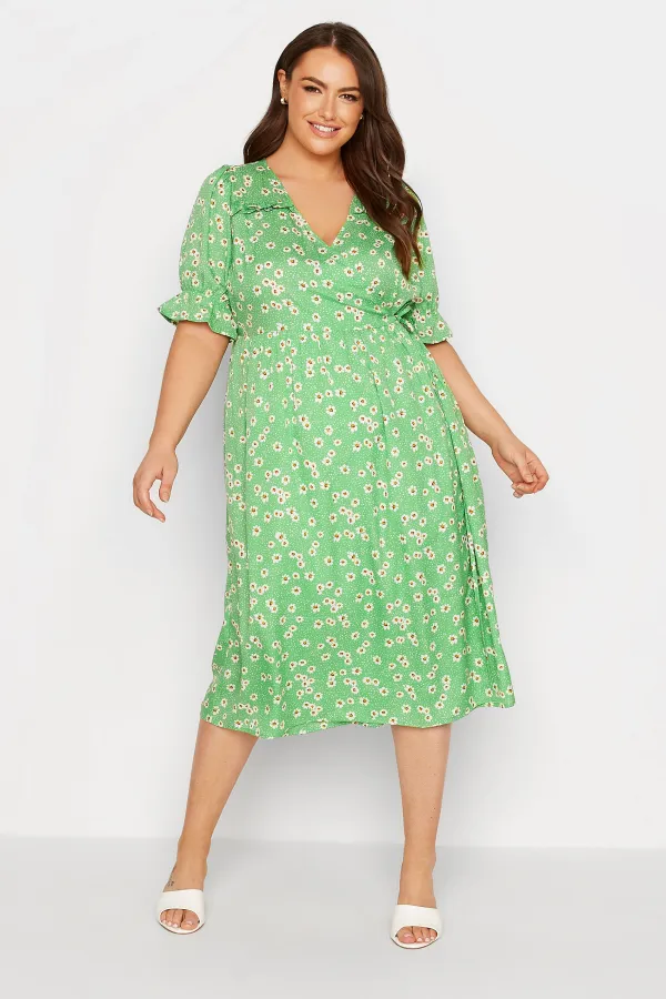YOURS Curve Green Daisy Print Frill Sleeve Wrap Dress
