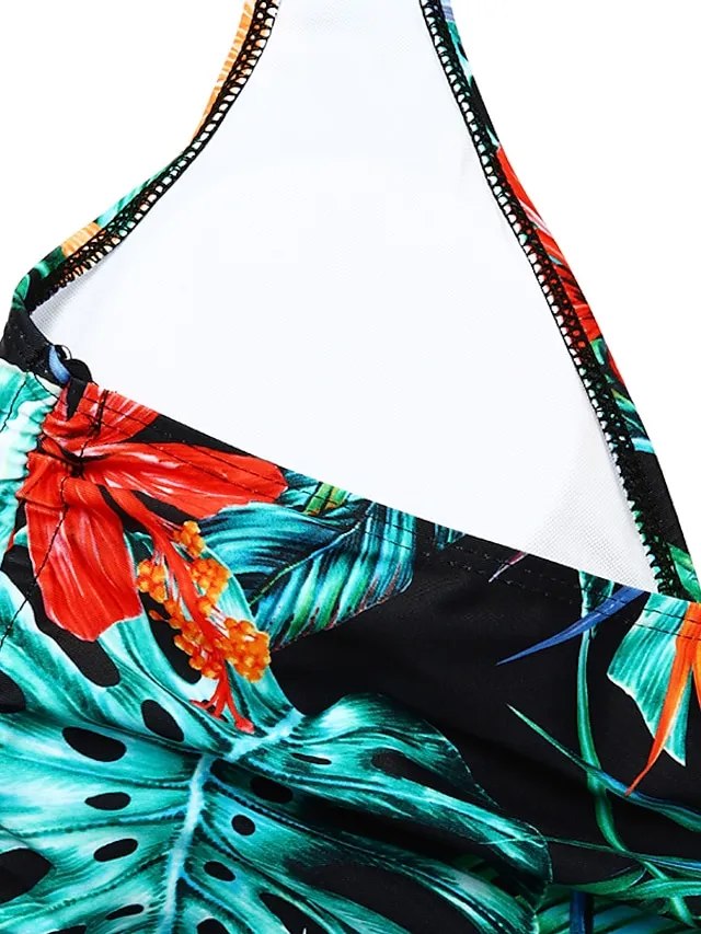 Women's Swimwear Tankini 2 Piece Normal Swimsuit High Waisted Floral Print Leaves Leaf Floral Green Blue Padded V Wire Bathing Suits Sports Vacation Sexy / New