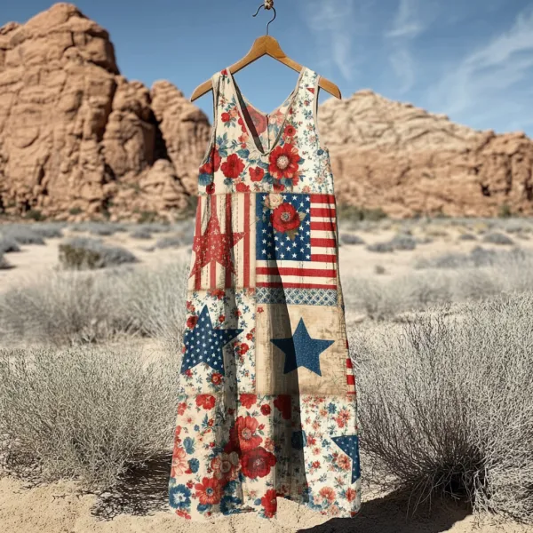 Women's Vintage Independence Day Flag Print V Neck Tank Midi Dress