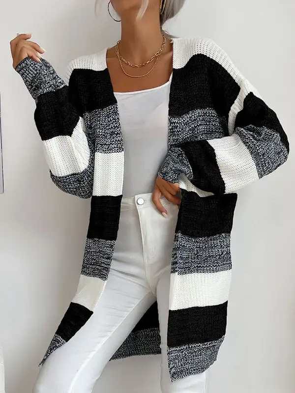 Casual Knit Cardigan Striped Colorblock Sweater Jacket