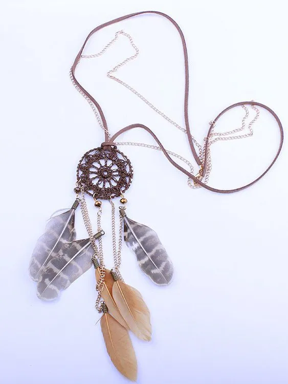 Ethnic Retro Dream Catcher Feather Long Sweater Chain Wool Clothes Necklace