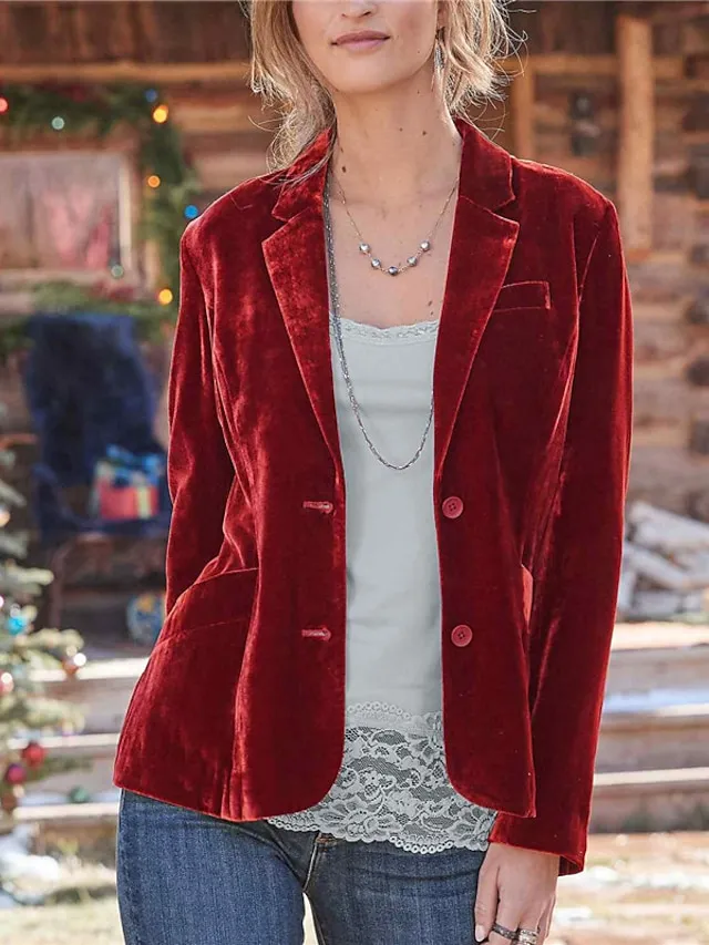 Women's Casual Blazer Velvet Casula Jacket Lapel Collar with Pockets Fall Party Jacket Winter Christmas Regular Fit Warm Stylish Vintage Style Classic Style Jacket Long Sleeve Solid Color Pure Color