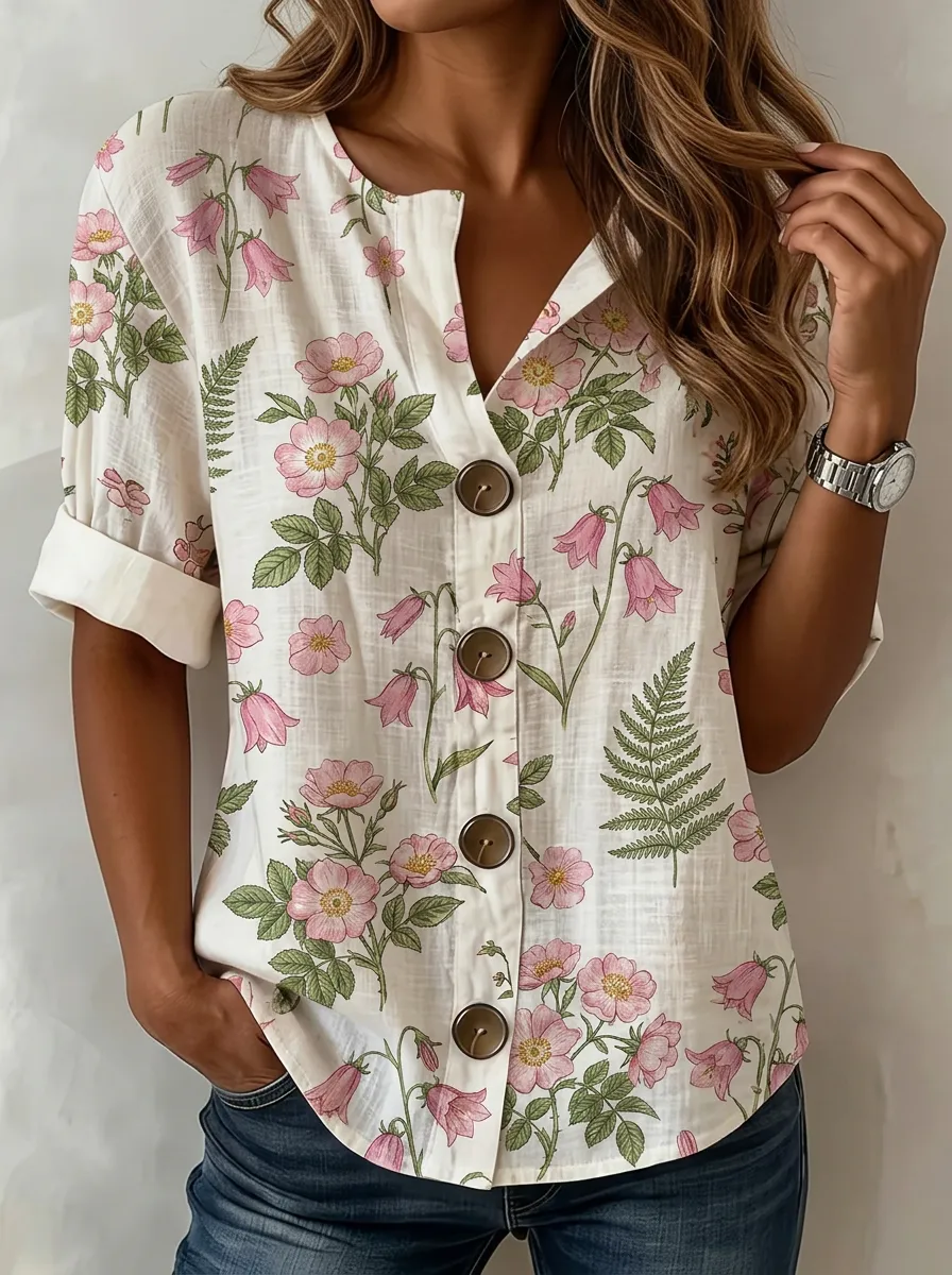 Women's Nashville Floral Botanical Printed Button-up Shirt