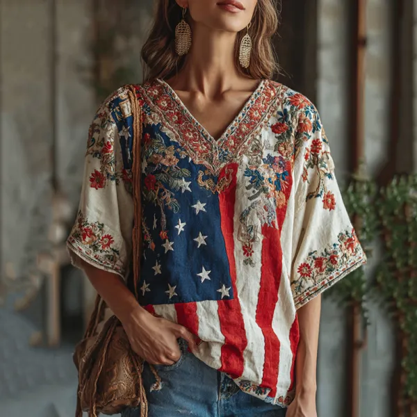 Women's Independence Day Flag Flower Embroidered Linen Blend T-shirt