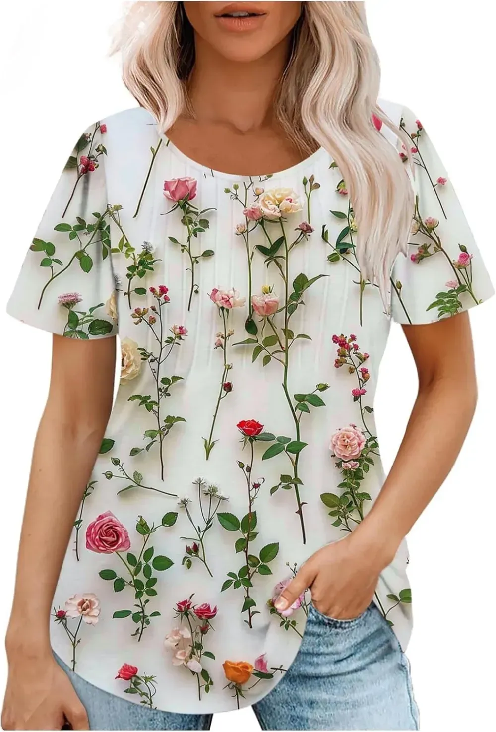 Womens Summer Pleated Front Shirts Tunics Casual Short Sleeved Loose Round Neck Boho Printed Tops Vacation Blouse