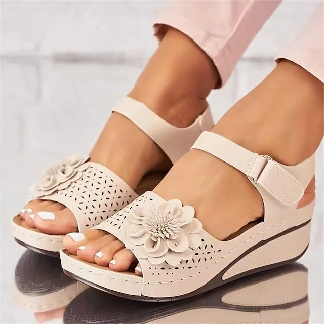 Women's Sandals Slippers Wedge Sandals Plus Size Outdoor Beach Summer Flower Wedge Heel Vintage Elegant Casual PU Magic Tape Solid Color Black White Red