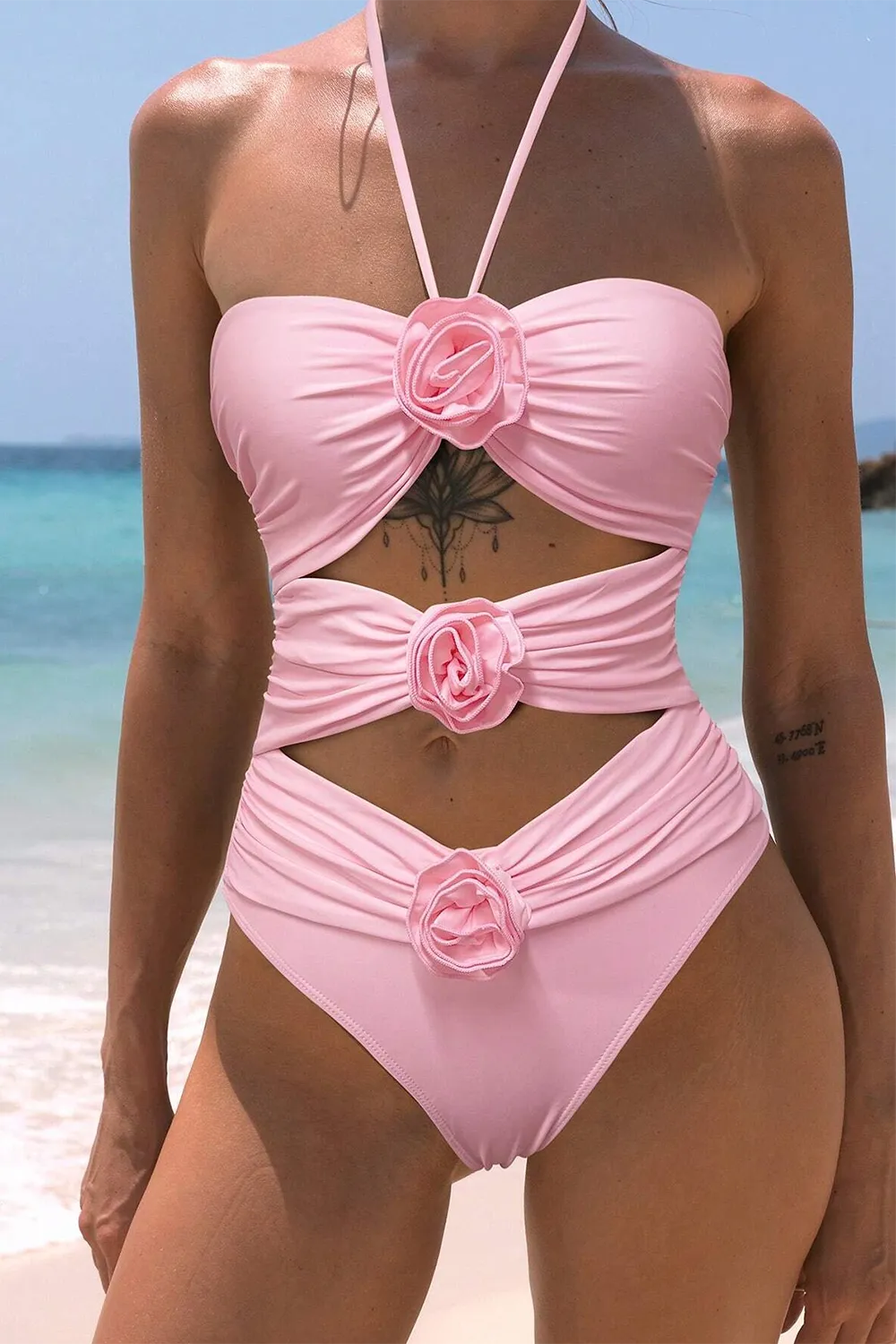 Bikinx Monochrome Halter Neck 3d Flower Decoration Sexy One-piece Swimsuit