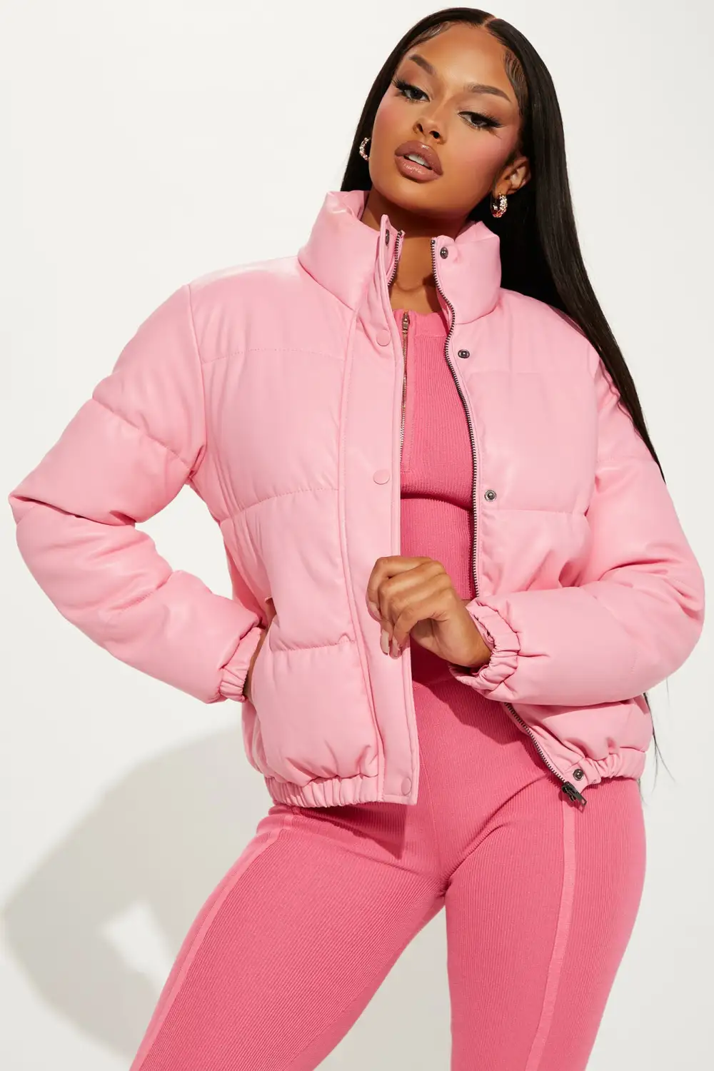 Upgrade You Faux Leather Puffer Jacket - Pink