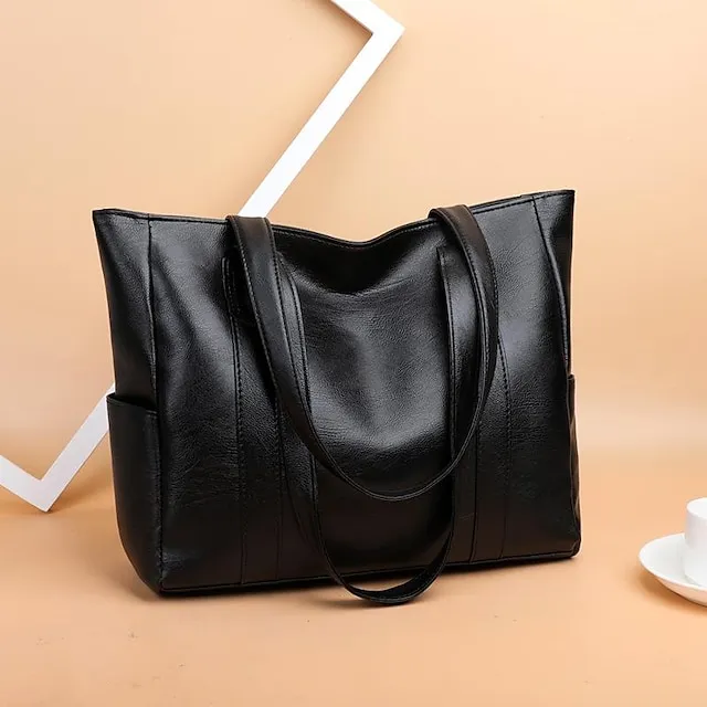 Women's Handbag Tote Shoulder Bag PU Leather Office Shopping Daily Zipper Solid Color Black Red Purple