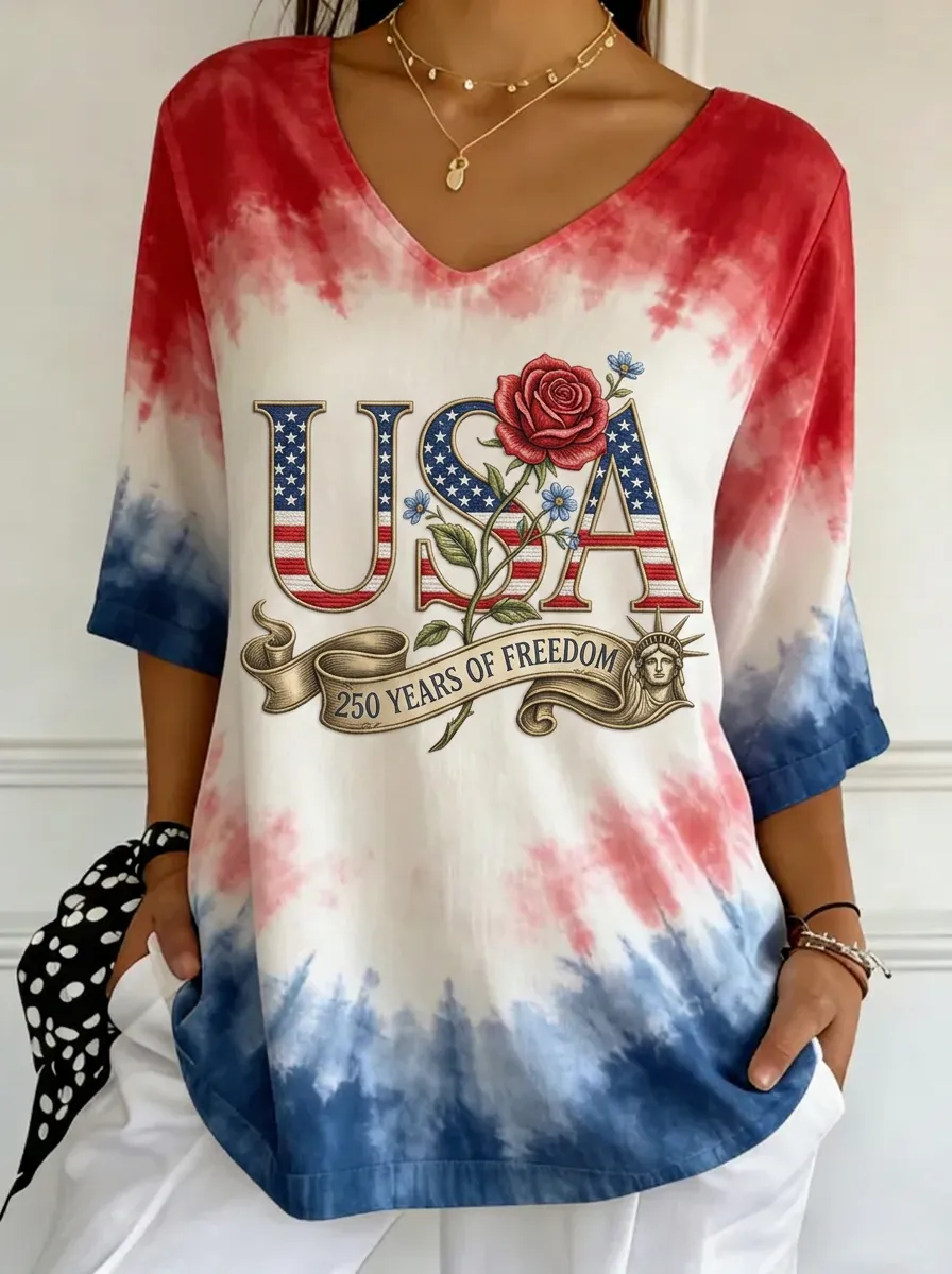 Women's USA Patriotic Rose Statue of Liberty Printed Tie-Dye V-Neck T-Shirt